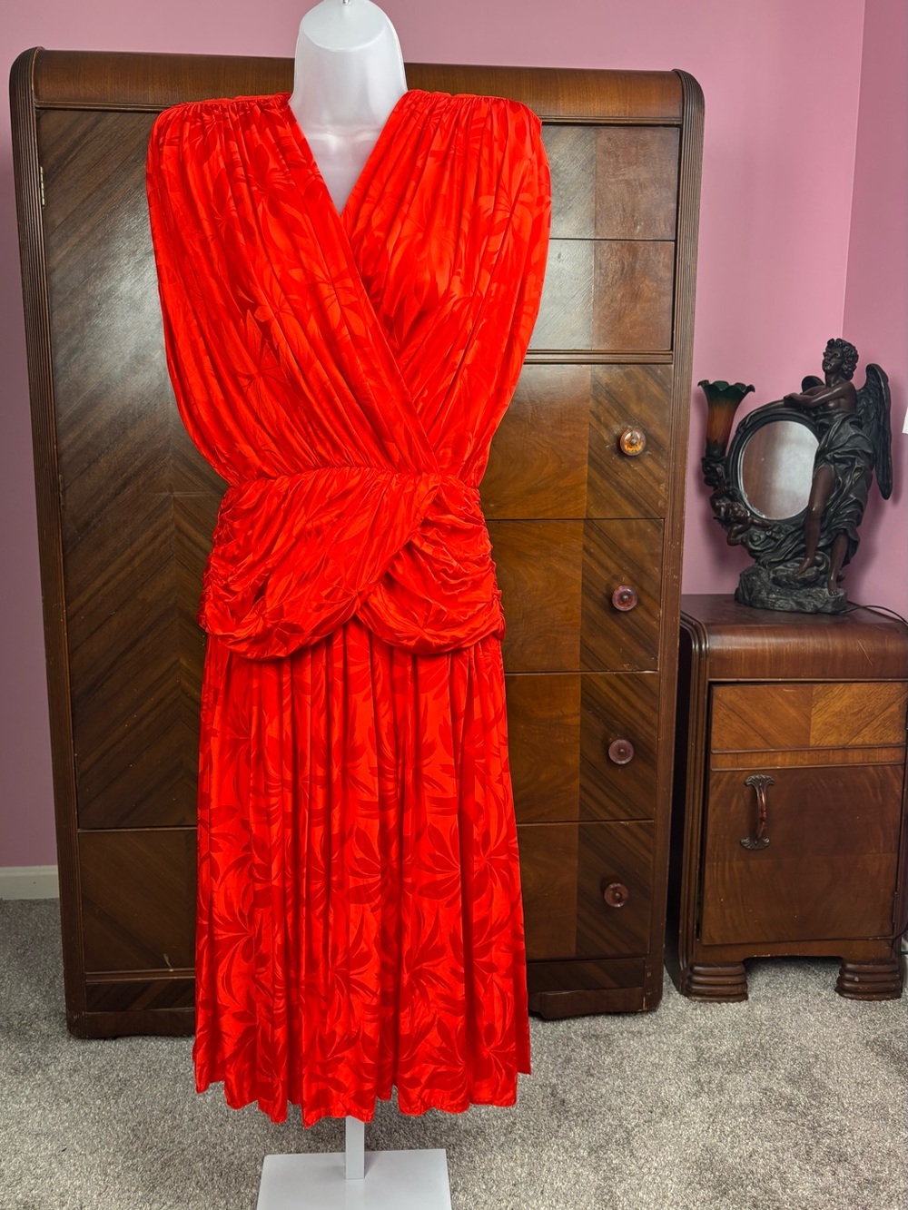 Vintage Argenti Notte 100% Silk Red Jacquard Midi Dress US S